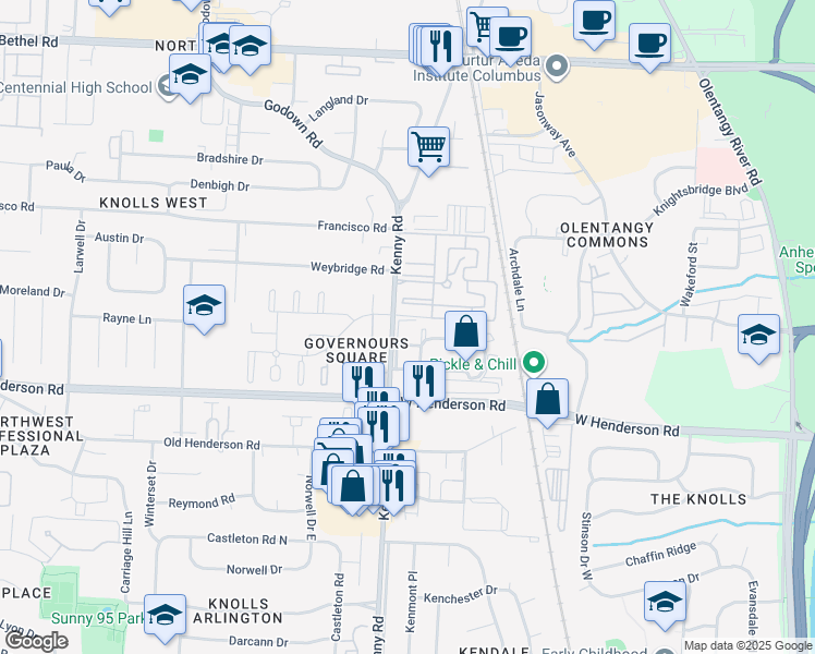 map of restaurants, bars, coffee shops, grocery stores, and more near 4660 Charecote Lane in Columbus