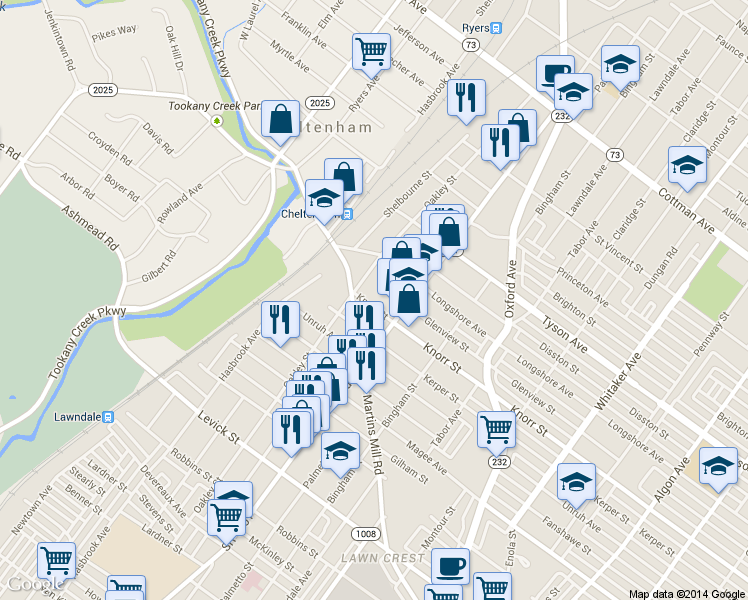 map of restaurants, bars, coffee shops, grocery stores, and more near 419 Knorr Street in Philadelphia