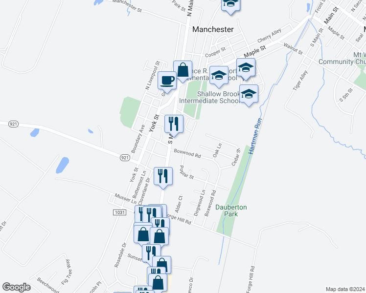 map of restaurants, bars, coffee shops, grocery stores, and more near 20 North Poplar Court in Manchester