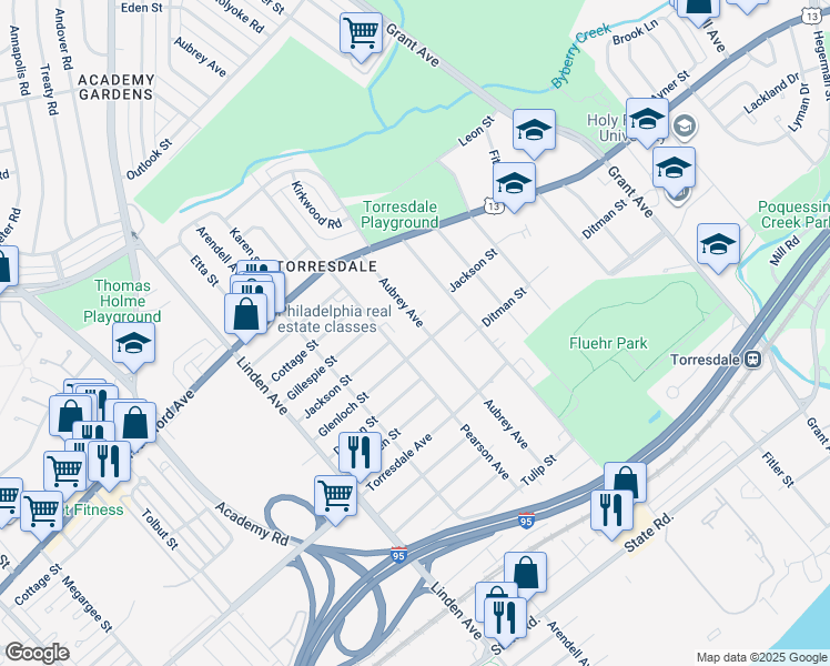 map of restaurants, bars, coffee shops, grocery stores, and more near 4506 Aubrey Avenue in Philadelphia