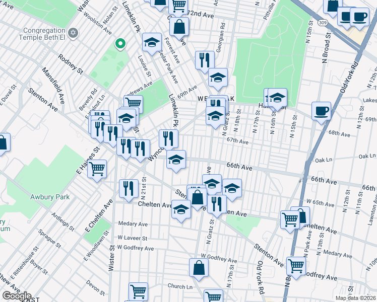 map of restaurants, bars, coffee shops, grocery stores, and more near 6646 North 20th Street in Philadelphia