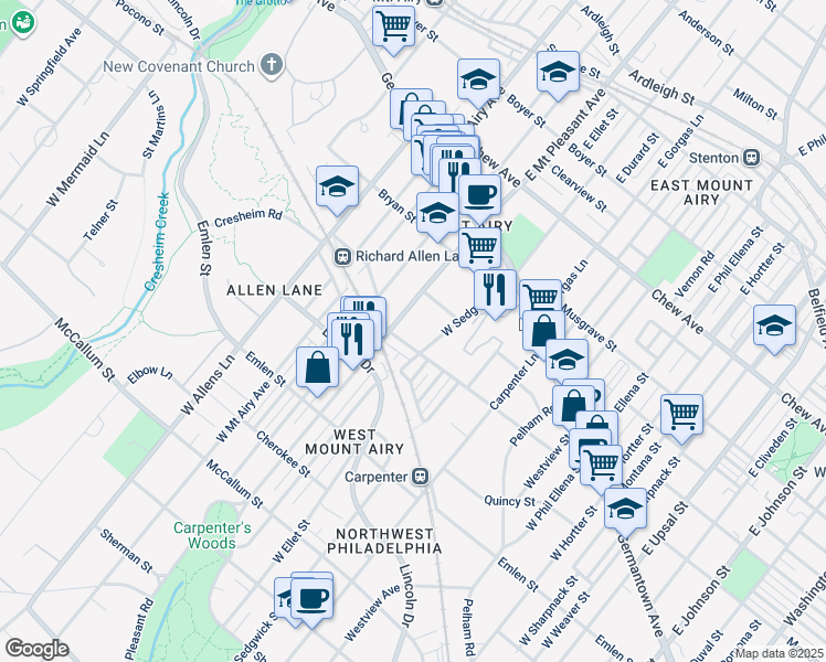 map of restaurants, bars, coffee shops, grocery stores, and more near 7017 Cresheim Road in Philadelphia