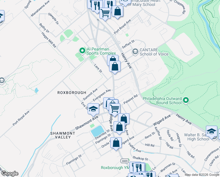 map of restaurants, bars, coffee shops, grocery stores, and more near 497 Summit Avenue in Philadelphia