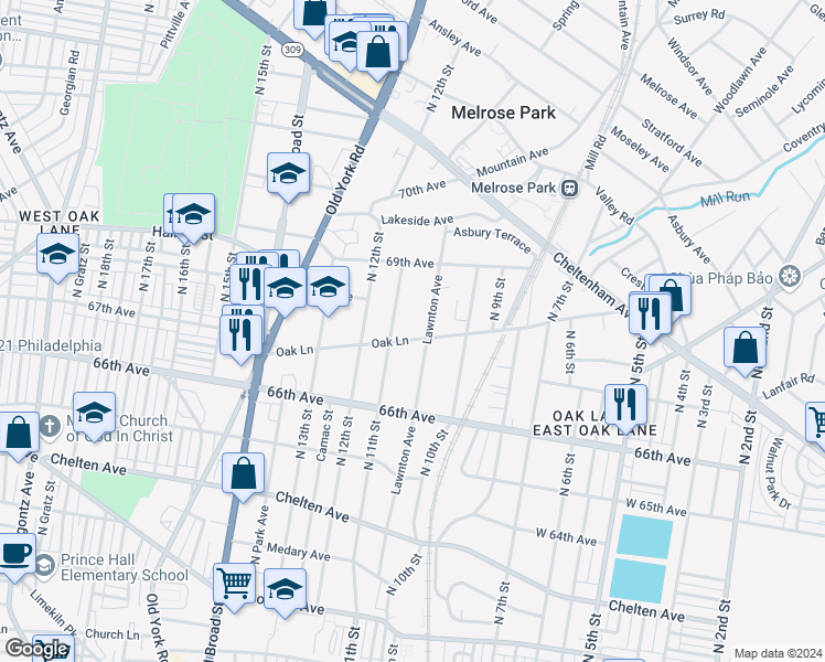map of restaurants, bars, coffee shops, grocery stores, and more near 1039 Oak Lane in Philadelphia
