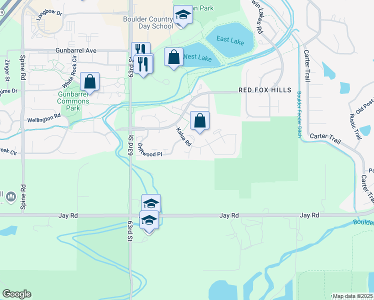 map of restaurants, bars, coffee shops, grocery stores, and more near 4419 Driftwood Place in Boulder