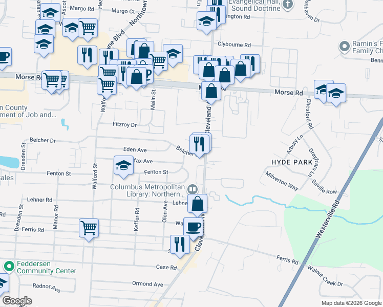 map of restaurants, bars, coffee shops, grocery stores, and more near 4218 Concord Lane in Columbus