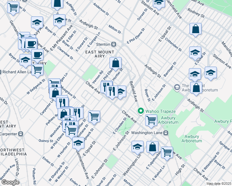 map of restaurants, bars, coffee shops, grocery stores, and more near 6624 Boyer Street in Philadelphia