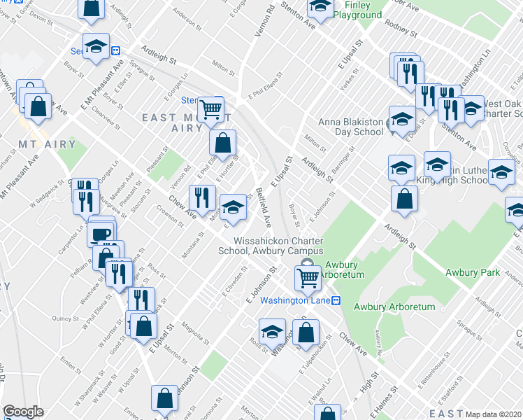 map of restaurants, bars, coffee shops, grocery stores, and more near 410 East Upsal Street in Philadelphia