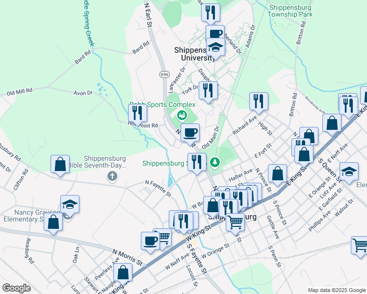 map of restaurants, bars, coffee shops, grocery stores, and more near 12 Middle Spring Avenue in Shippensburg
