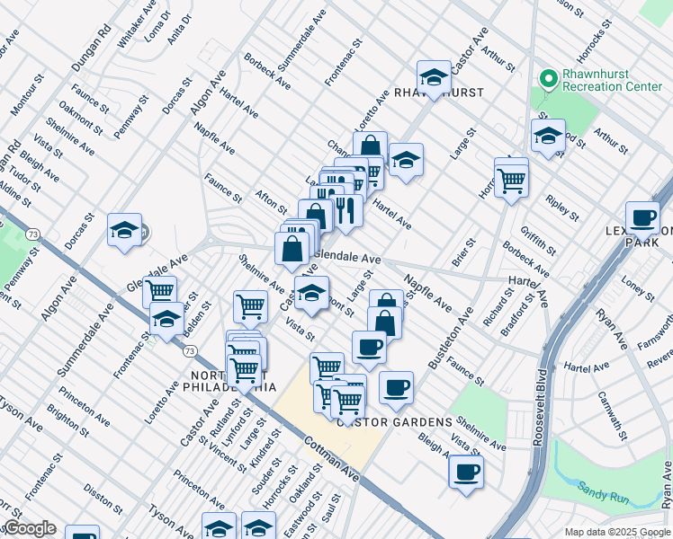 map of restaurants, bars, coffee shops, grocery stores, and more near 2017 Faunce Street in Philadelphia