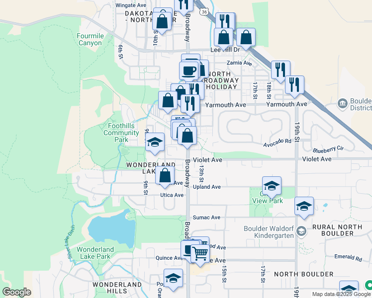 map of restaurants, bars, coffee shops, grocery stores, and more near 4490 Broadway in Boulder