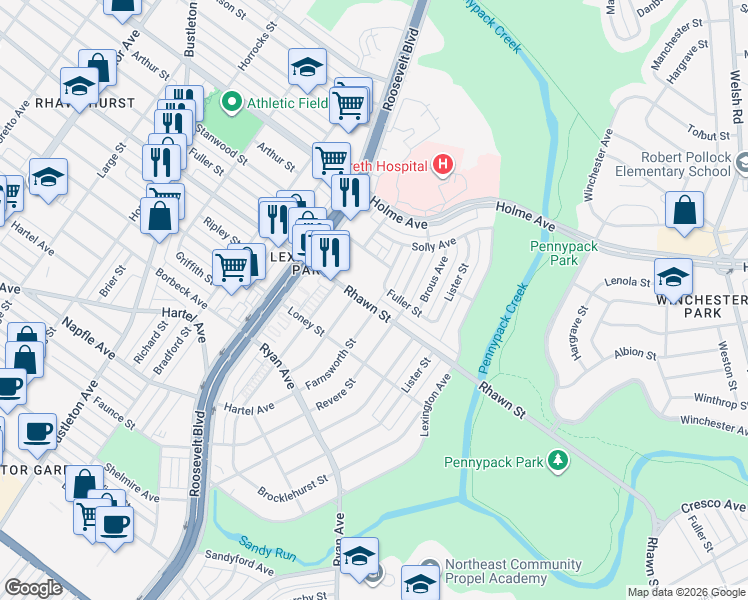 map of restaurants, bars, coffee shops, grocery stores, and more near 8105 Farnsworth Street in Philadelphia