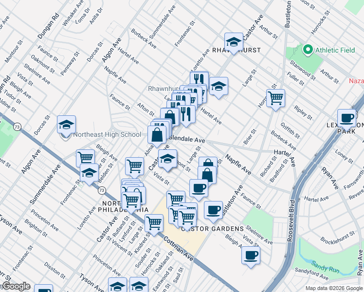 map of restaurants, bars, coffee shops, grocery stores, and more near 7602 Castor Avenue in Philadelphia