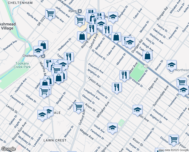 map of restaurants, bars, coffee shops, grocery stores, and more near 630 Princeton Avenue in Philadelphia