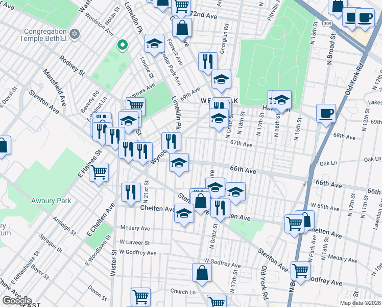 map of restaurants, bars, coffee shops, grocery stores, and more near 6646 North 20th Street in Philadelphia