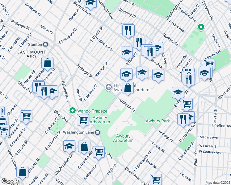 map of restaurants, bars, coffee shops, grocery stores, and more near 6307 Ardleigh Street in Philadelphia