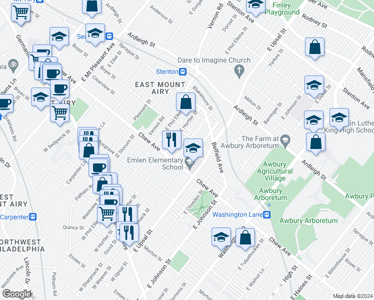 map of restaurants, bars, coffee shops, grocery stores, and more near 6624 Boyer Street in Philadelphia