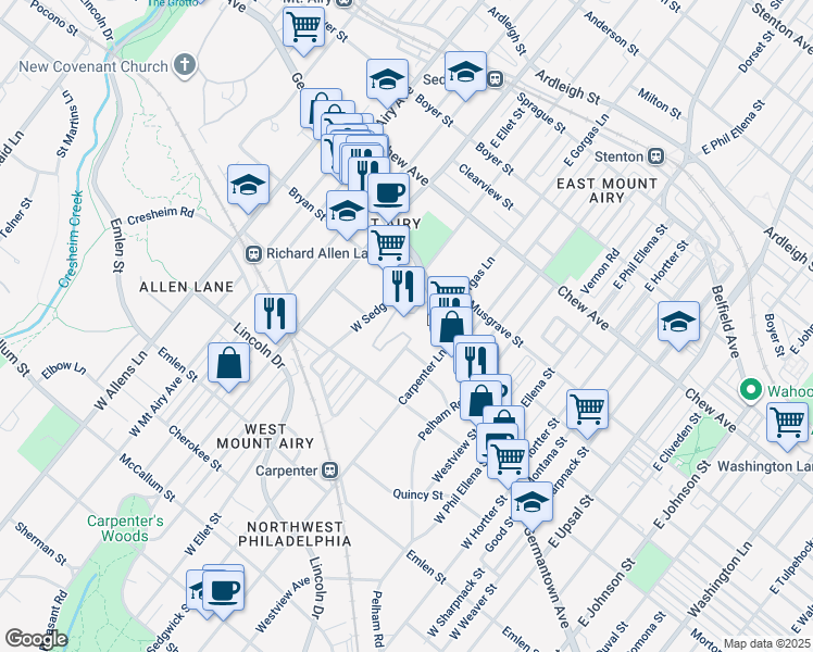 map of restaurants, bars, coffee shops, grocery stores, and more near 6901 Cresheim Road in Philadelphia