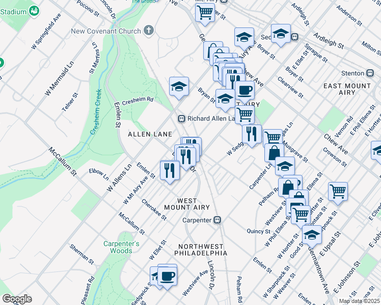 map of restaurants, bars, coffee shops, grocery stores, and more near 7125 Cresheim Road in Philadelphia