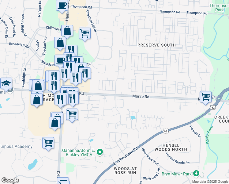 map of restaurants, bars, coffee shops, grocery stores, and more near 3745 Brightwell Lane in Columbus