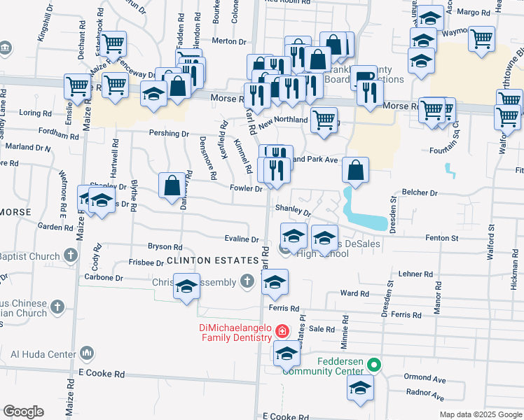map of restaurants, bars, coffee shops, grocery stores, and more near 1533 Fowler Drive in Columbus