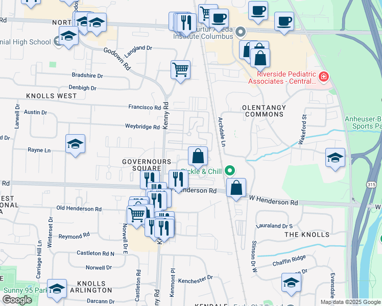 map of restaurants, bars, coffee shops, grocery stores, and more near 1081 Bridgeway Circle in Columbus