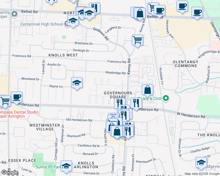 map of restaurants, bars, coffee shops, grocery stores, and more near 4780 Gainsborough Court in Columbus
