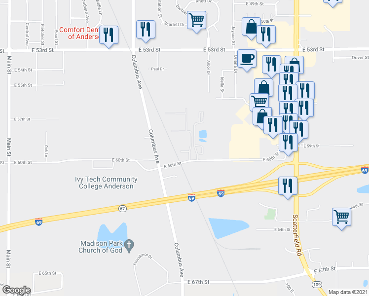 map of restaurants, bars, coffee shops, grocery stores, and more near 5829 Apple Creek Way in Anderson
