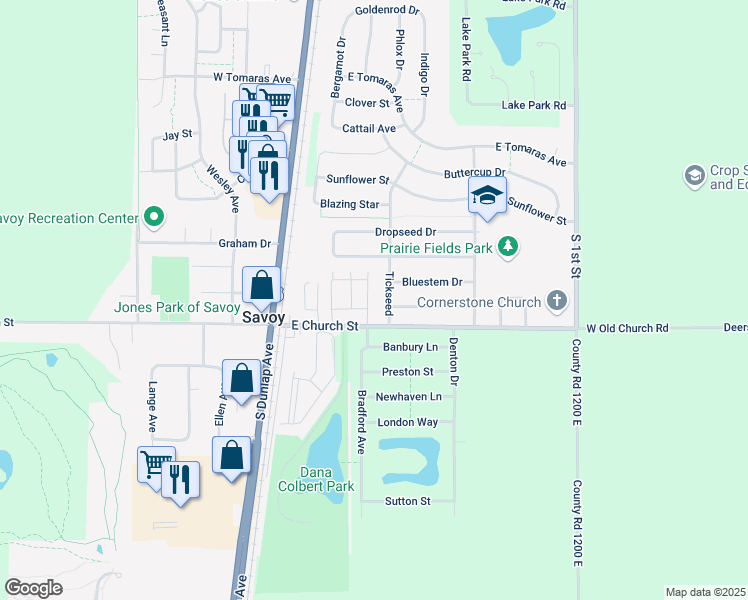 map of restaurants, bars, coffee shops, grocery stores, and more near 201 Tickseed in Savoy