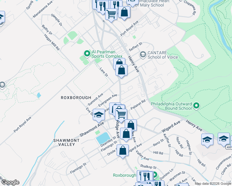 map of restaurants, bars, coffee shops, grocery stores, and more near 488 Evergreen Avenue in Philadelphia