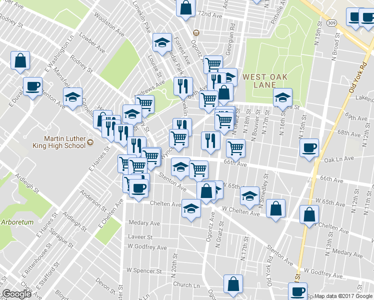 map of restaurants, bars, coffee shops, grocery stores, and more near 6617 Limekiln Pike in Philadelphia