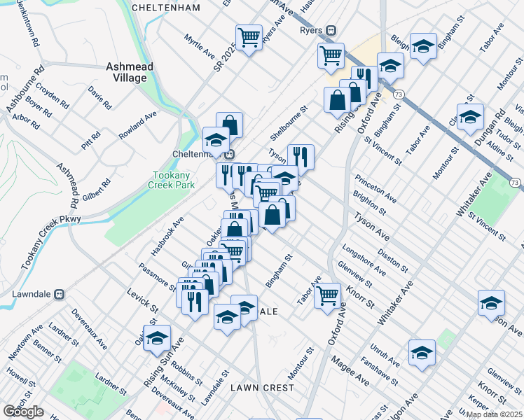map of restaurants, bars, coffee shops, grocery stores, and more near 6823 Oakley Street in Philadelphia