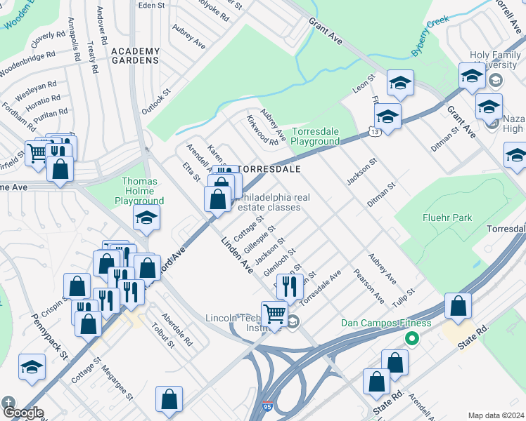 map of restaurants, bars, coffee shops, grocery stores, and more near 9306 Cottage Street in Philadelphia
