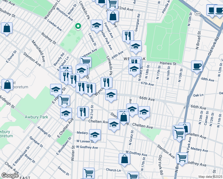map of restaurants, bars, coffee shops, grocery stores, and more near 6617 Limekiln Pike in Philadelphia
