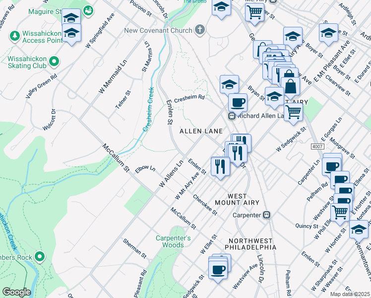 map of restaurants, bars, coffee shops, grocery stores, and more near 333 West Allens Lane in Philadelphia