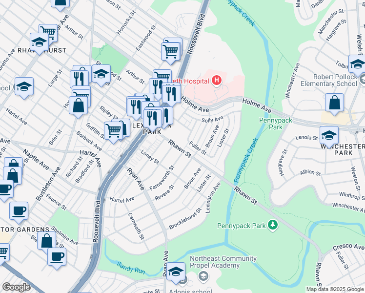 map of restaurants, bars, coffee shops, grocery stores, and more near 2727 Rhawn Street in Philadelphia