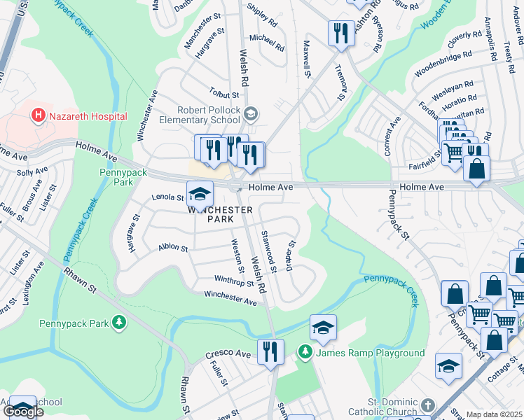 map of restaurants, bars, coffee shops, grocery stores, and more near 8201 Narvon Street in Philadelphia