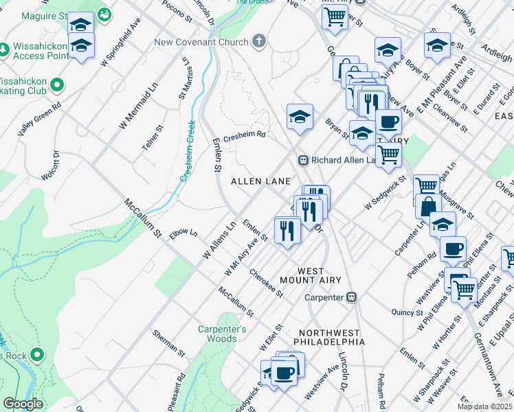 map of restaurants, bars, coffee shops, grocery stores, and more near 334 West Allens Lane in Philadelphia