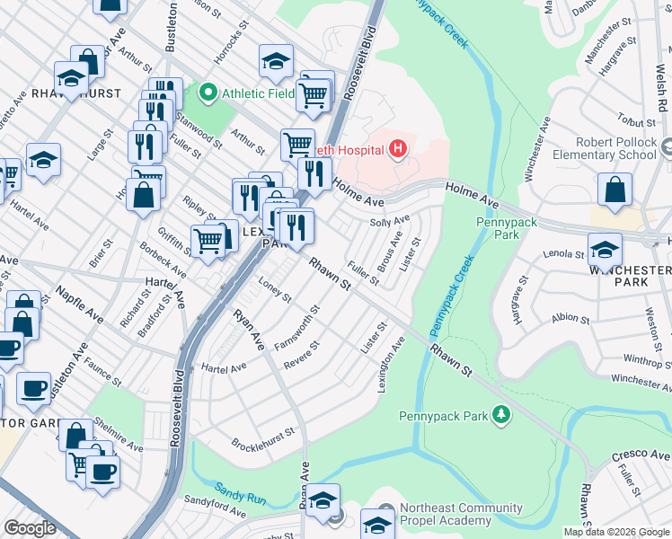 map of restaurants, bars, coffee shops, grocery stores, and more near 8105 Farnsworth Street in Philadelphia