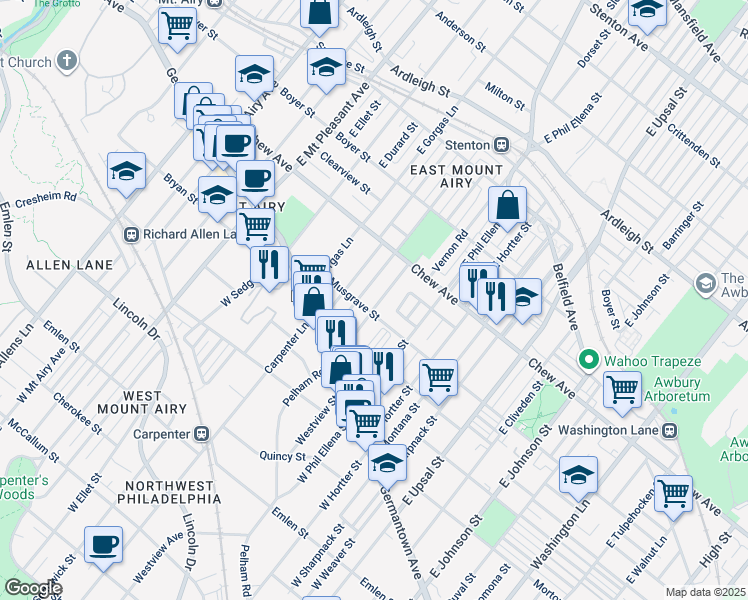 map of restaurants, bars, coffee shops, grocery stores, and more near 221 Slocum Street in Philadelphia