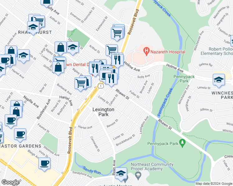 map of restaurants, bars, coffee shops, grocery stores, and more near 2706 Rhawn Street in Philadelphia