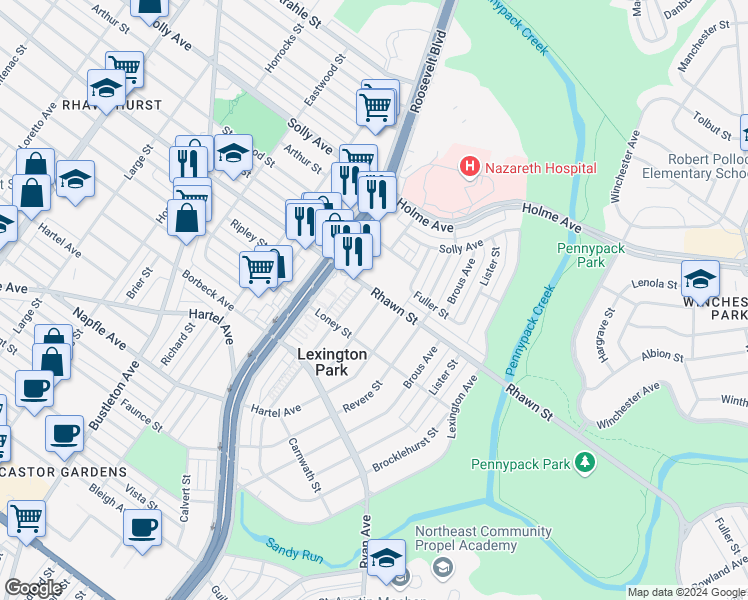 map of restaurants, bars, coffee shops, grocery stores, and more near 2706 Rhawn Street in Philadelphia