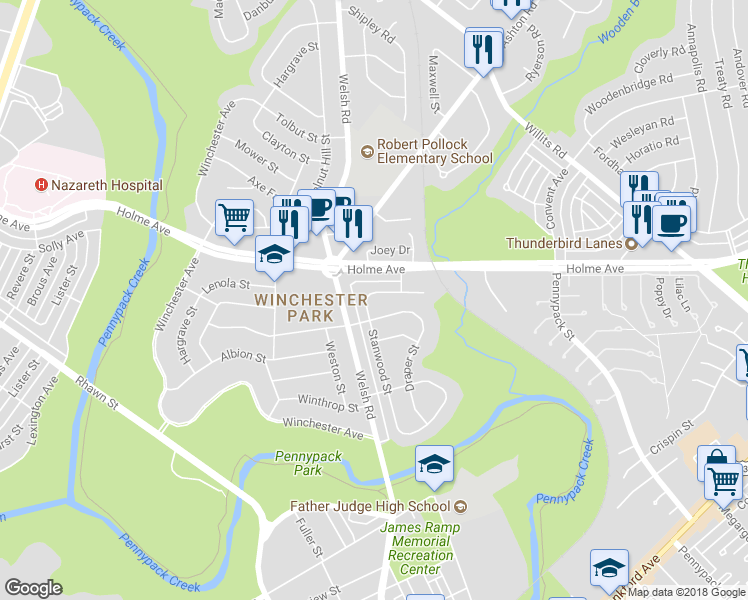 map of restaurants, bars, coffee shops, grocery stores, and more near 8201 Narvon Street in Philadelphia