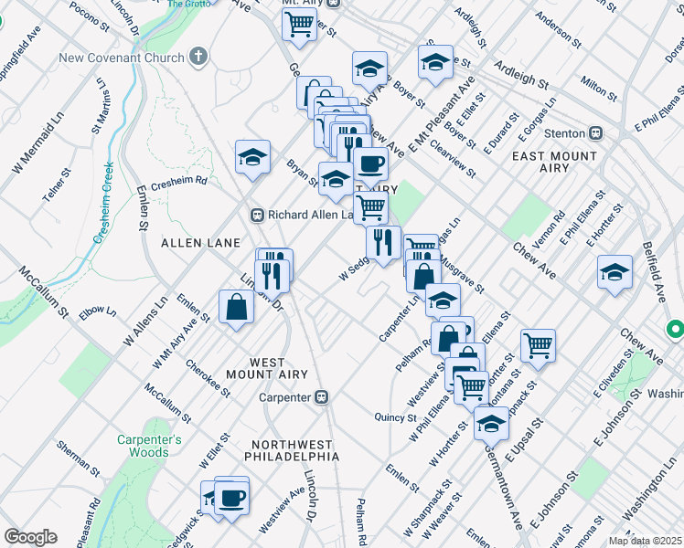 map of restaurants, bars, coffee shops, grocery stores, and more near 133 West Sedgwick Street in Philadelphia