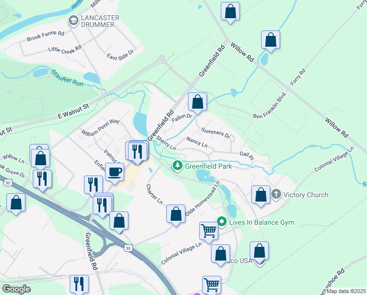 map of restaurants, bars, coffee shops, grocery stores, and more near 723 Nancy Lane in Lancaster