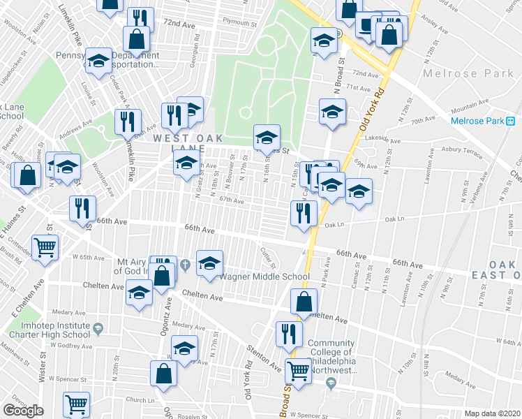 map of restaurants, bars, coffee shops, grocery stores, and more near 1600 67th Avenue in Philadelphia