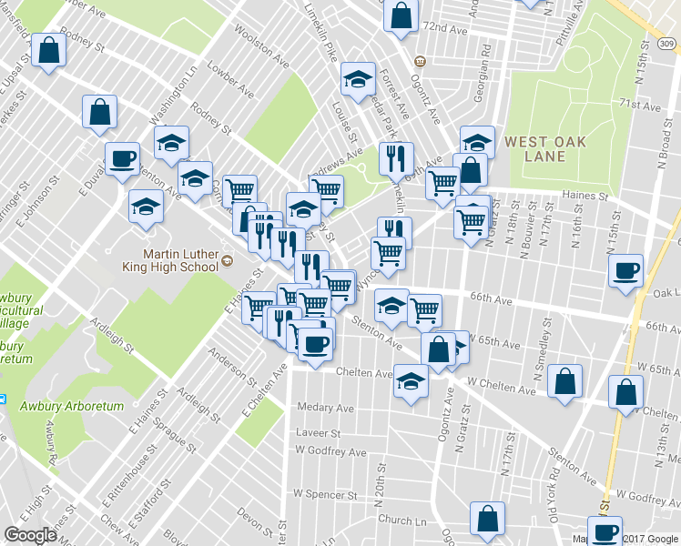 map of restaurants, bars, coffee shops, grocery stores, and more near 6614 North 21st Street in Philadelphia