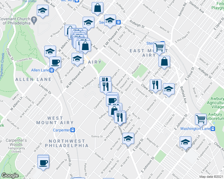 map of restaurants, bars, coffee shops, grocery stores, and more near 37 Meehan Avenue in Philadelphia