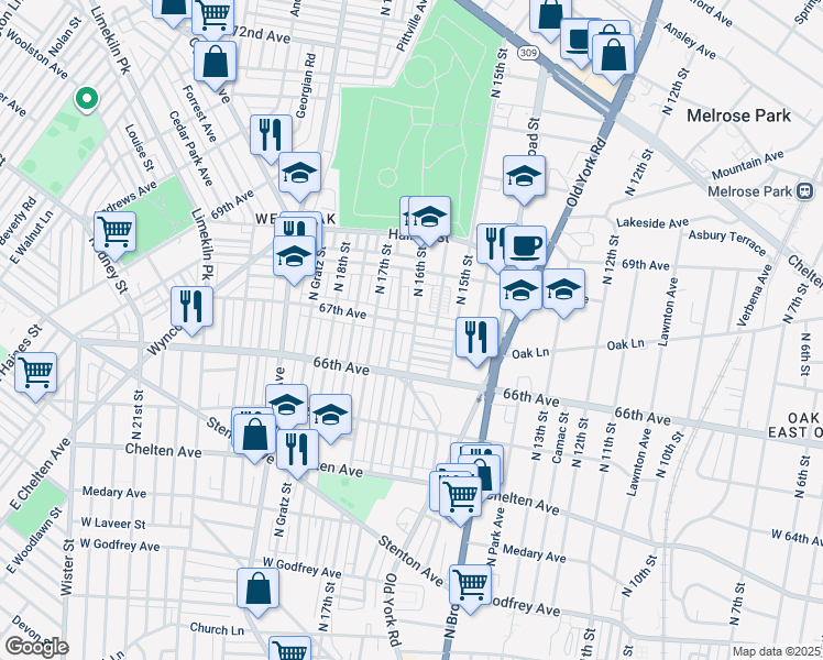 map of restaurants, bars, coffee shops, grocery stores, and more near 1600 67th Avenue in Philadelphia