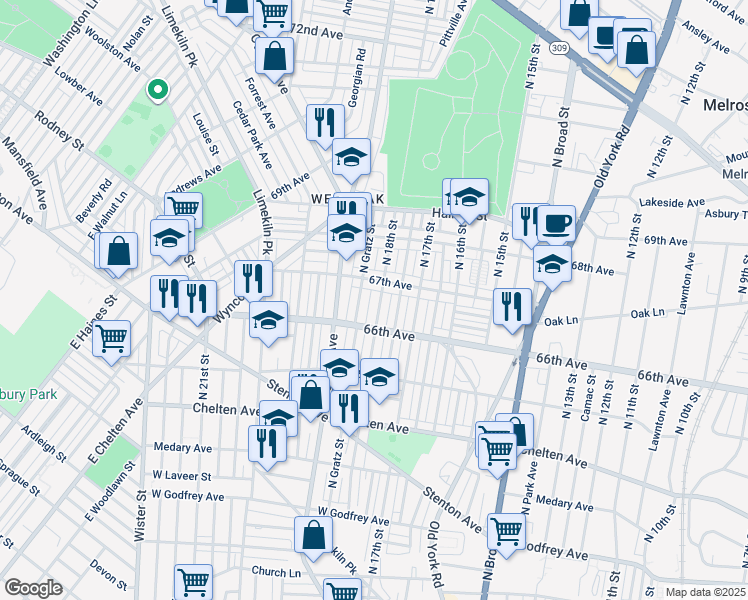 map of restaurants, bars, coffee shops, grocery stores, and more near 6636 North 18th Street in Philadelphia
